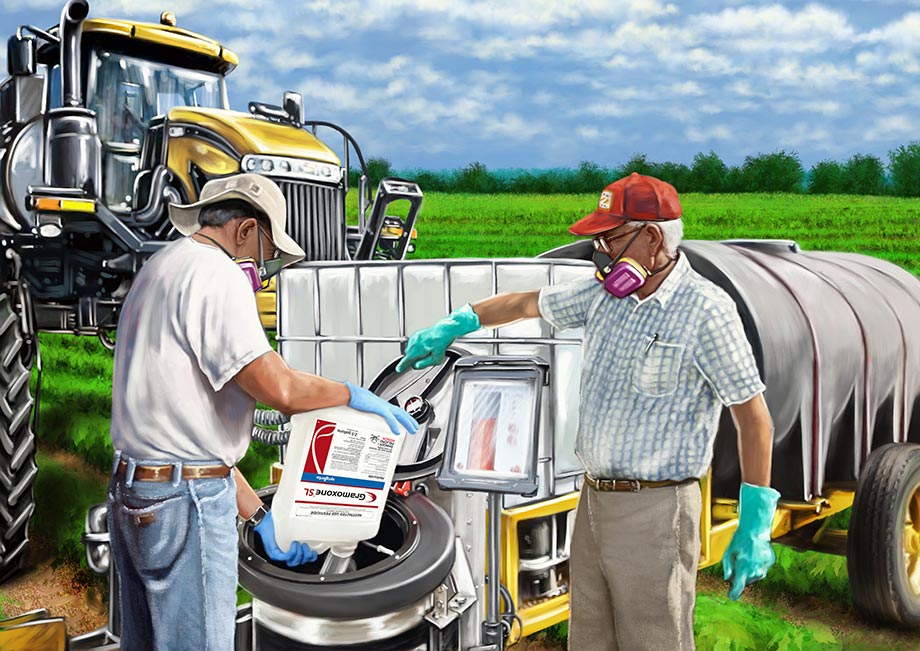 Farmers pouring paraquat into induction hopper mixer