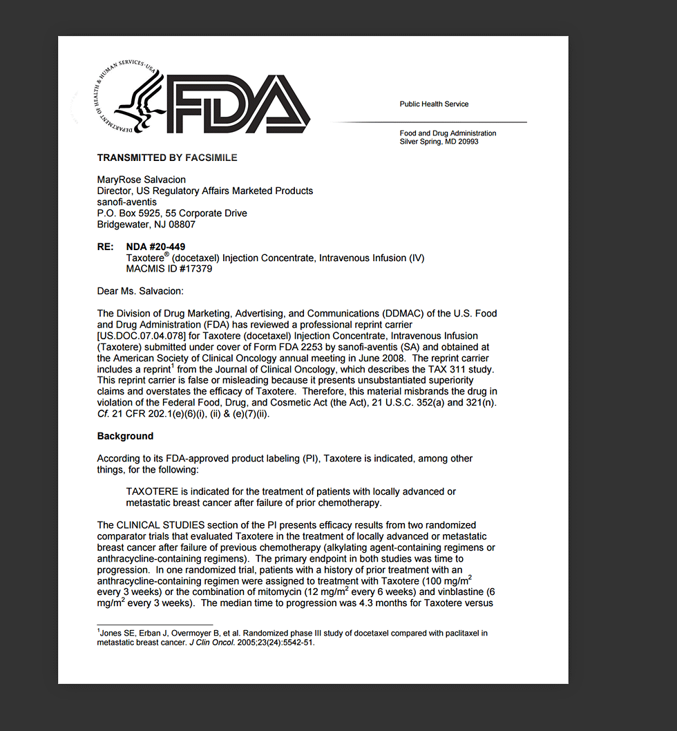 FDA Warning Letter To Taxotere